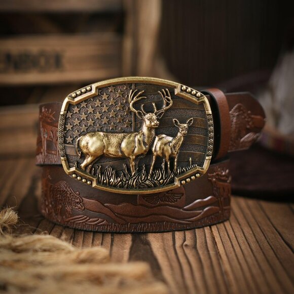 Men's Gold Alloy Deer Cowboy Imported American Patriotic Belt Buckles - Picture 5 of 8